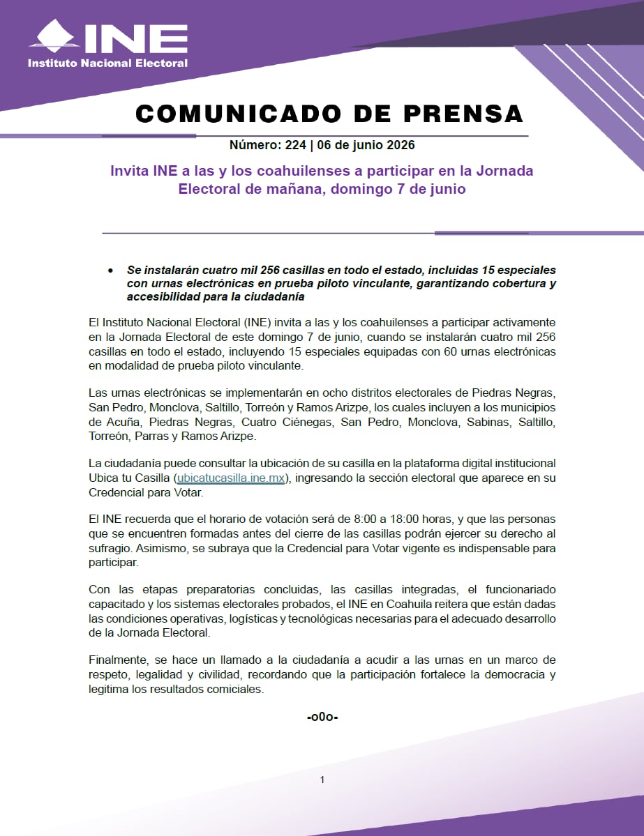 INE prevé instalar más de 4 mil casillas en Coahuila para elecciones