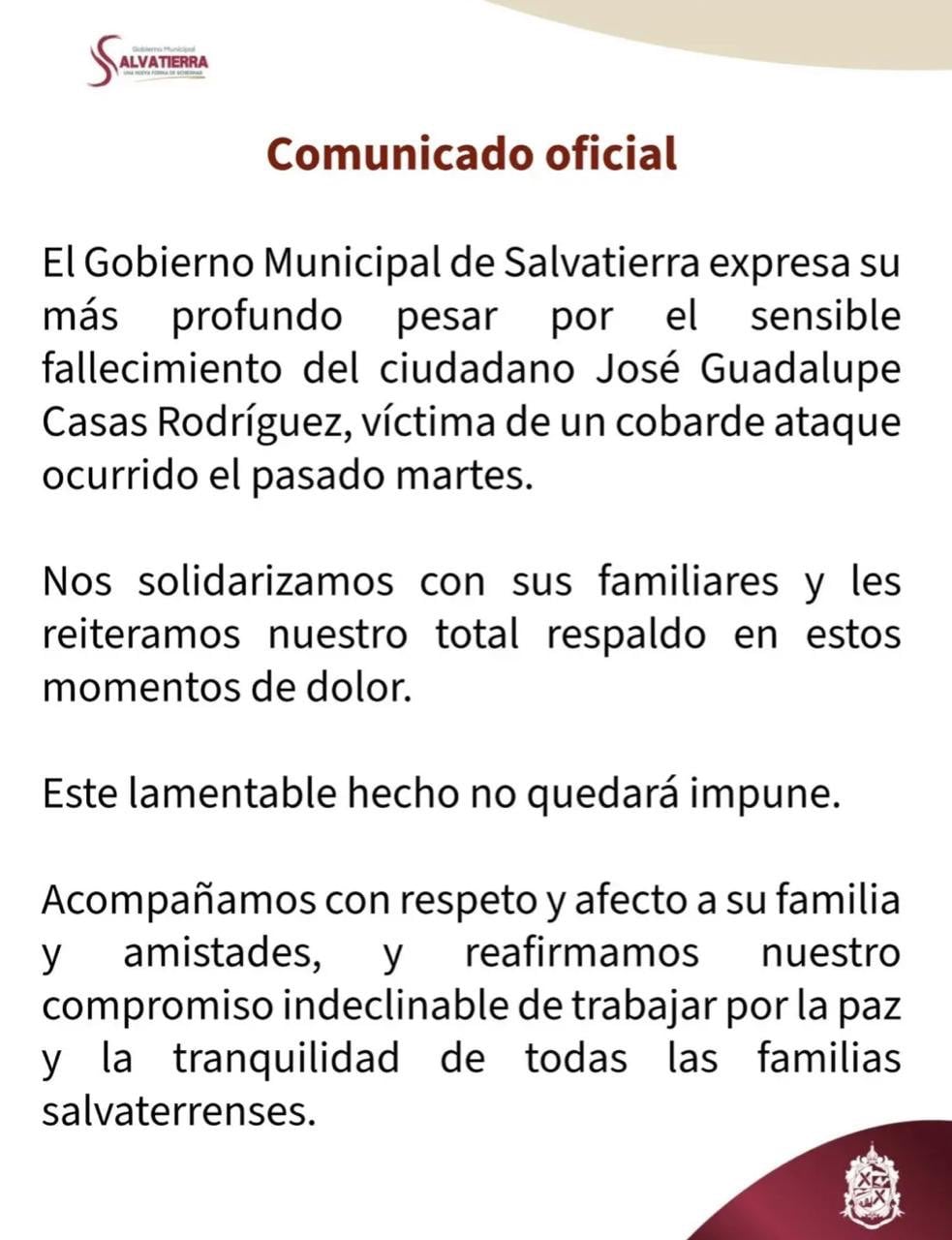 Comunicado del gobierno de Salvatierra.