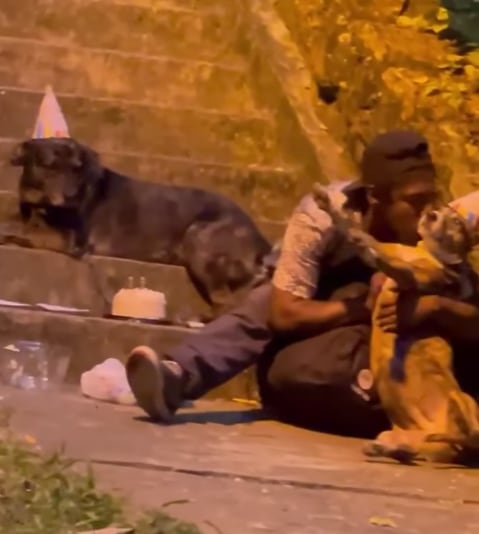 Hombre sin hogar festeja cumpleaños de sus perritos