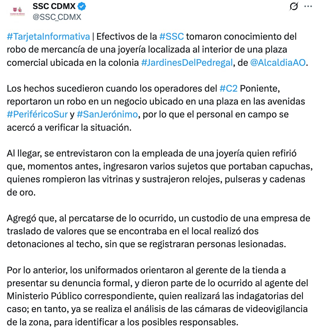 Tarjeta informativa sobre la balacera plaza San Jerónimo en CDMX