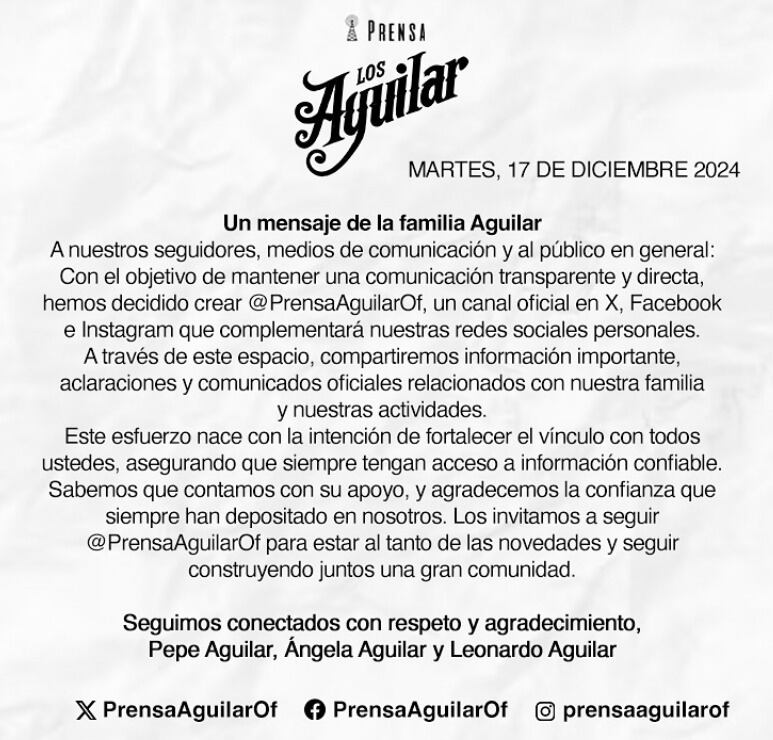 La familia Aguilar lanzó su propia agencia de prensa para desmentir chismes