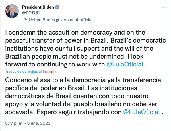 México, Estados Unidos y Canadá se solidarizan con Lula da Silva y Brasil por ataques de bolsonaristas