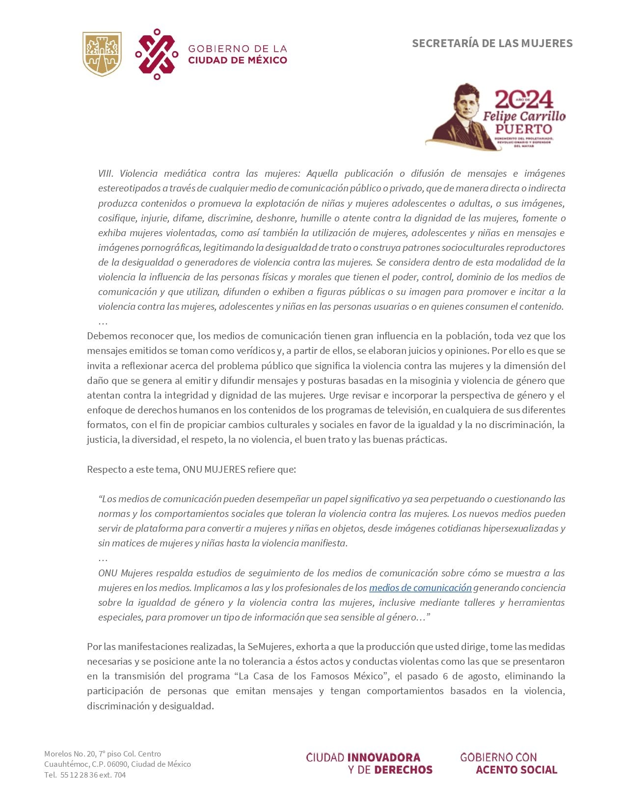 Carta del gobierno de la CDMX a la producción de La Casa de los Famosos México 2024