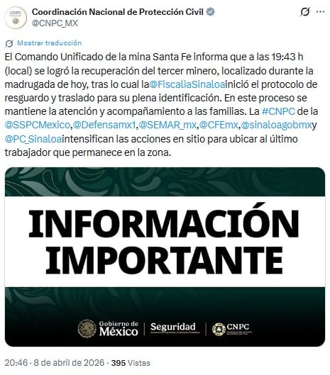 Rescatan cuerpo sin vida del tercer minero de Santa Fe, Sinaloa