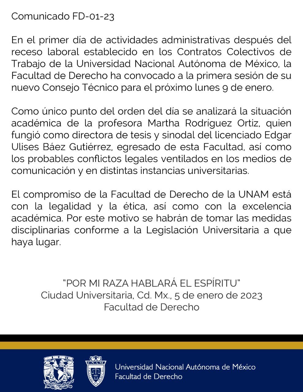 Comunicado de la Facultad de Derecho