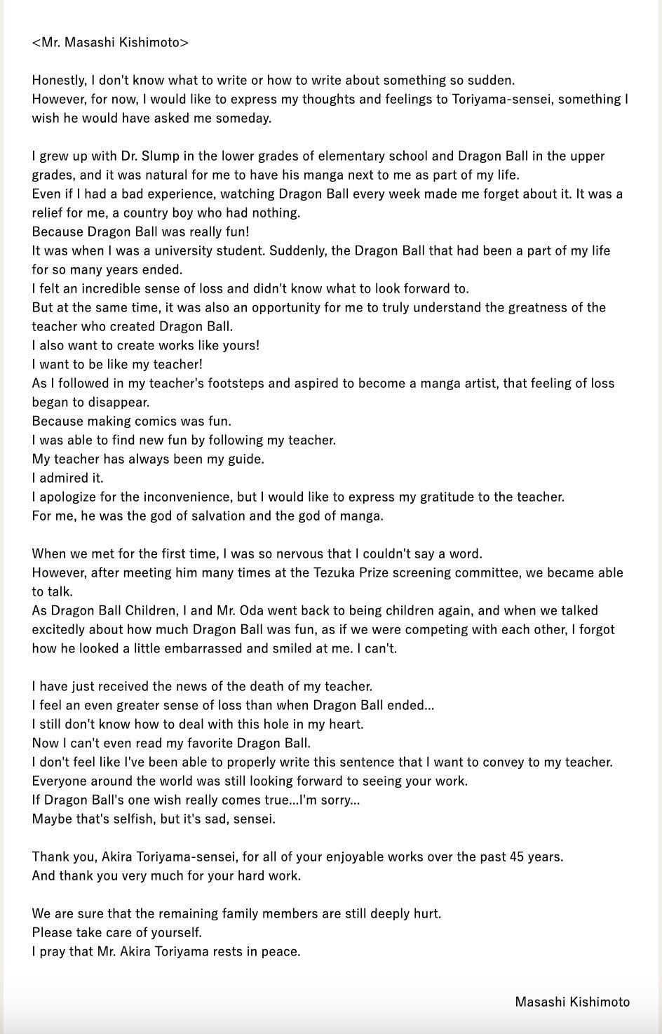 Masashi Kishimoto de Naruto, escribe una emotiva despedida a Akira Toriyama