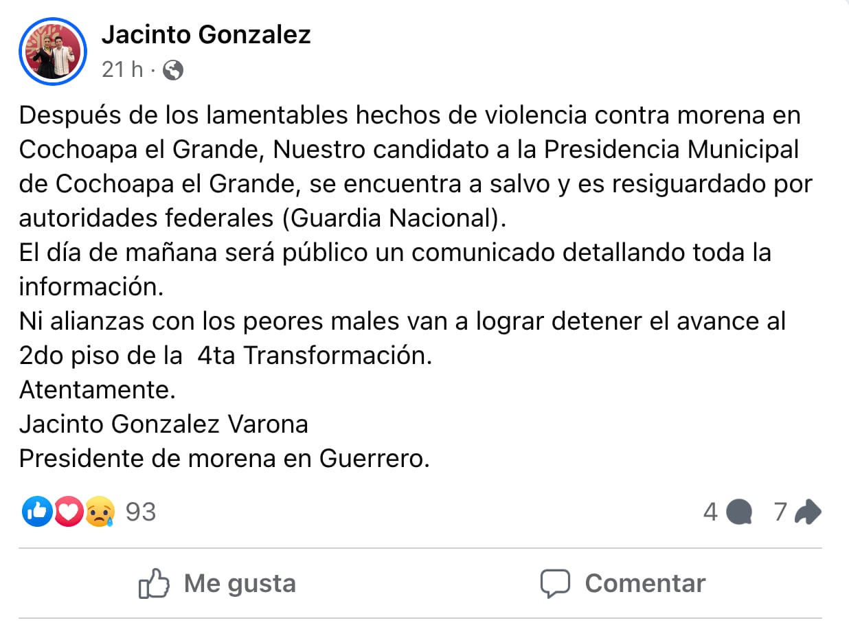 Coordinador de campaña de Morena en Cochoapan, Guerrero, fue asesinado