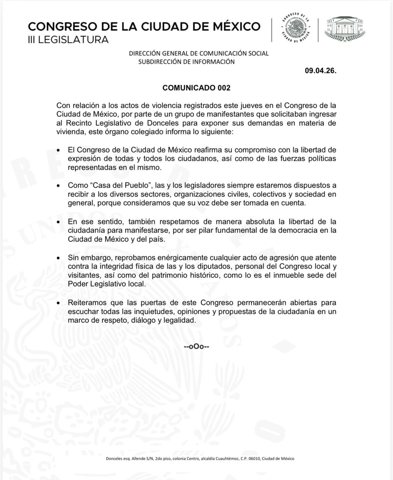 Congreso de CDMX condena agresión a diputados y daños