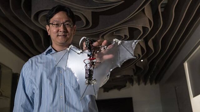 Soon-Jo Chung, profesor asociado de aeroespacial sosteniendo el Bat Bot.