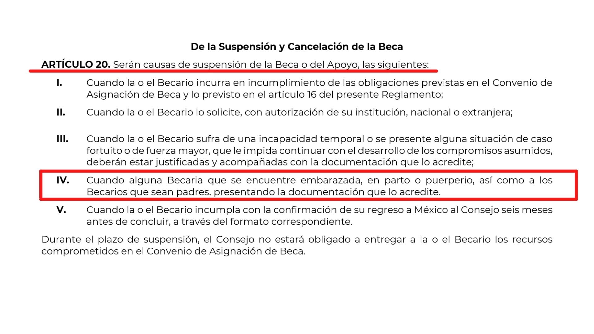 Artículo 20 del anteproyecto de becas del Conacyt