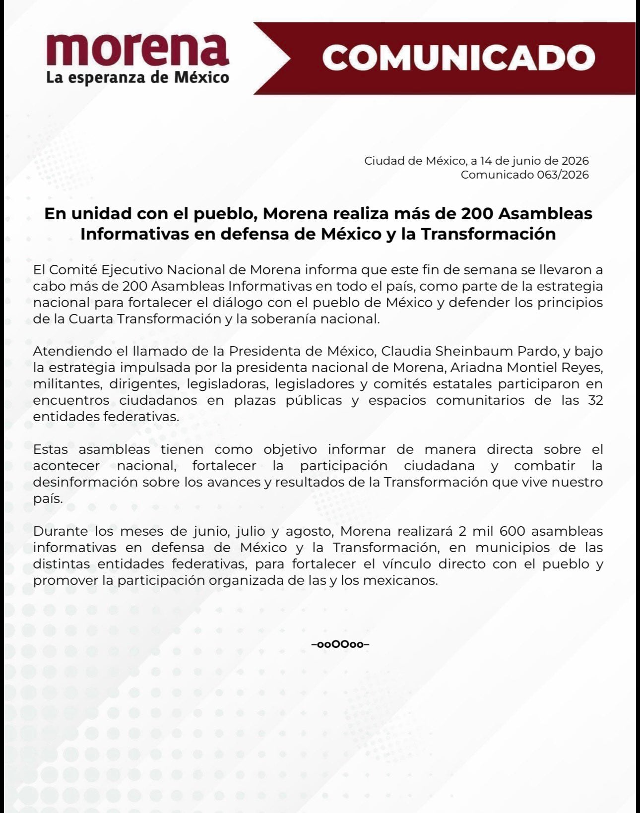 Morena realizó más de 200 asambleas informativas tras el llamado de Claudia Sheinbaum y Ariadna Montiel