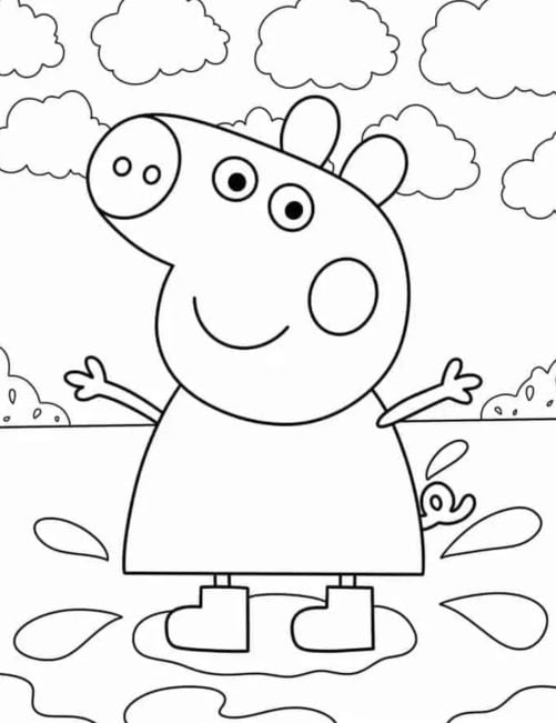 Dibujo de Peppa Pig en la lluvia en un charco