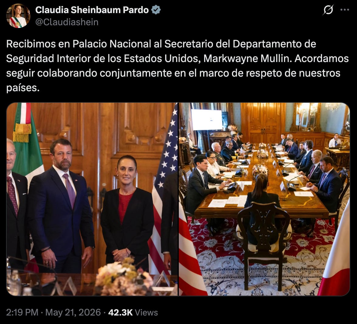 Claudia Sheinbaum aborda con Markwayne Mullin cooperación y respeto bilateral