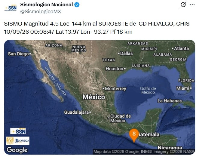 Sismo hoy jueves 10 de septiembre de 2026 en México: Temblor de 4.5 sacude Ciudad Hidalgo, Chiapas