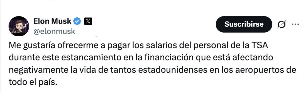 Elon Musk propone pagar salarios en la TSA