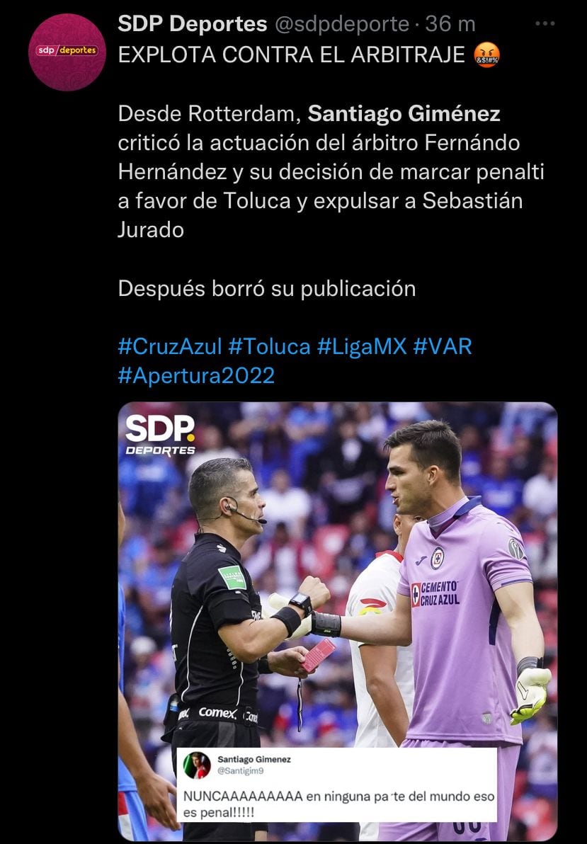 Santiago Giménez explotó contra el arbitraje de la Liga MX.