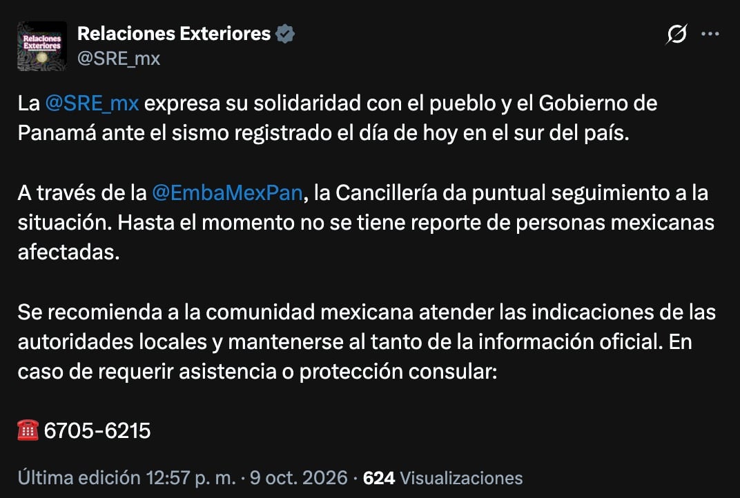 SRE sobre sismo 7.6 en Panamá