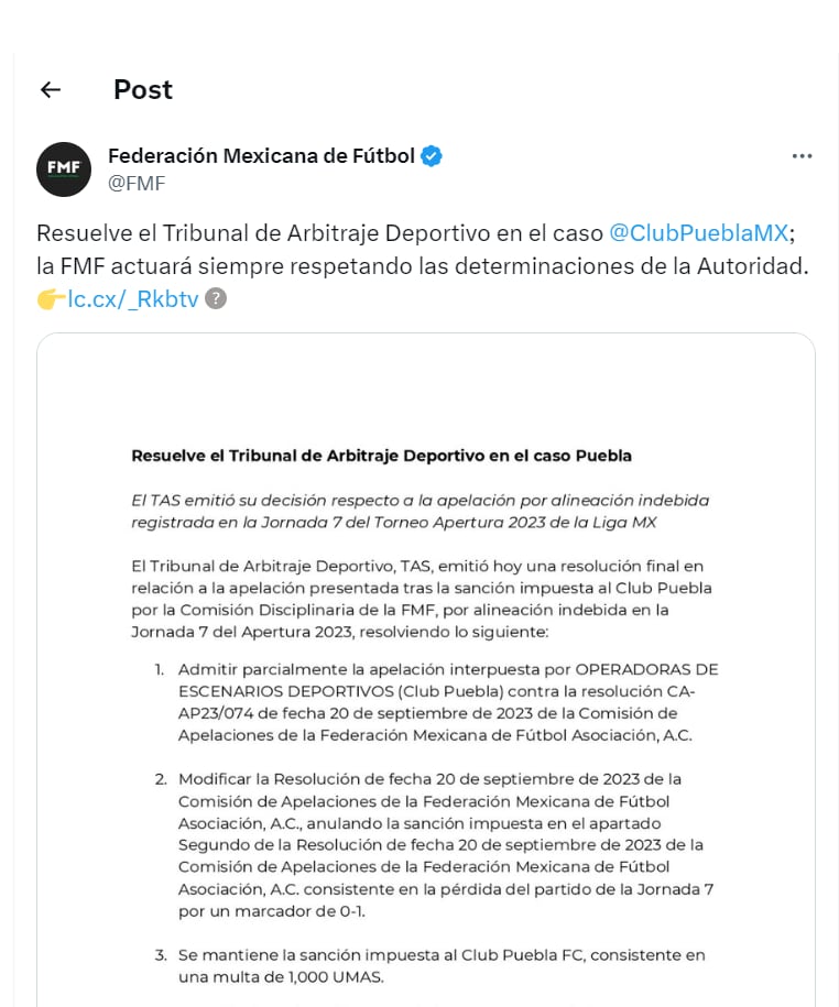 EL TAS le da los puntos al Club Puebla