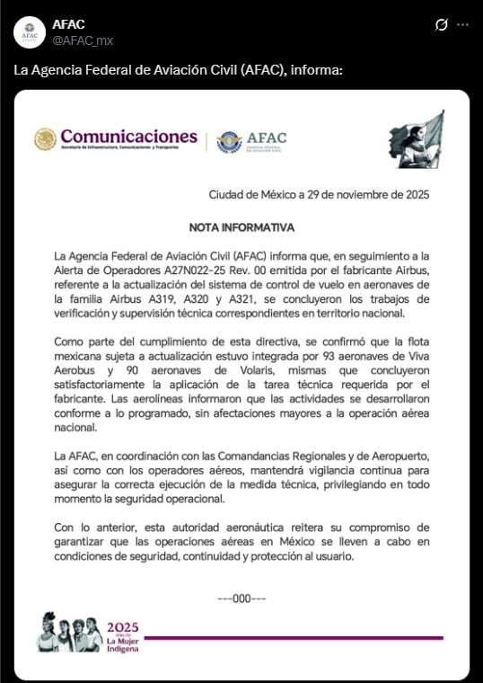 AFAC concluye revisión de aeronaves de Viva Aerobus y Volaris tras alerta de Airbus