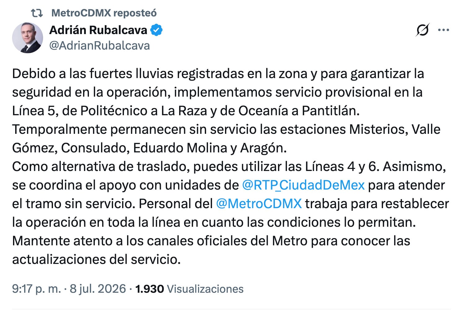 Línea 4 del Metro opera con servicio provisional por lluvias intensas