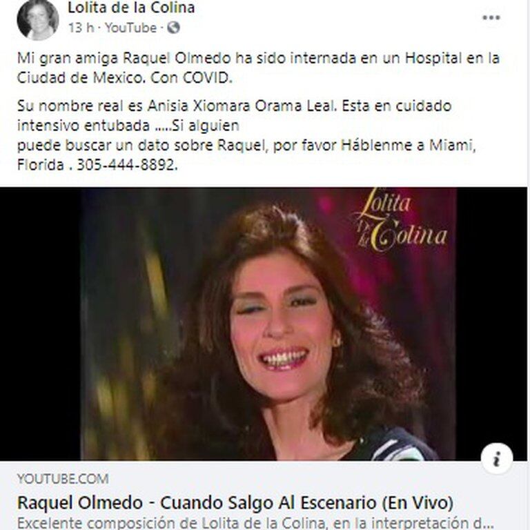 Raquel Olmedo. Mensaje Lolita de la Colina