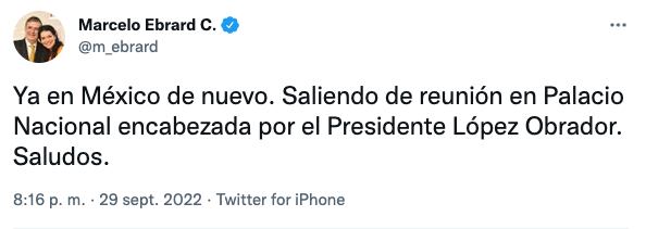 Marcelo Ebrard se reunió con AMLO tras llegar a México