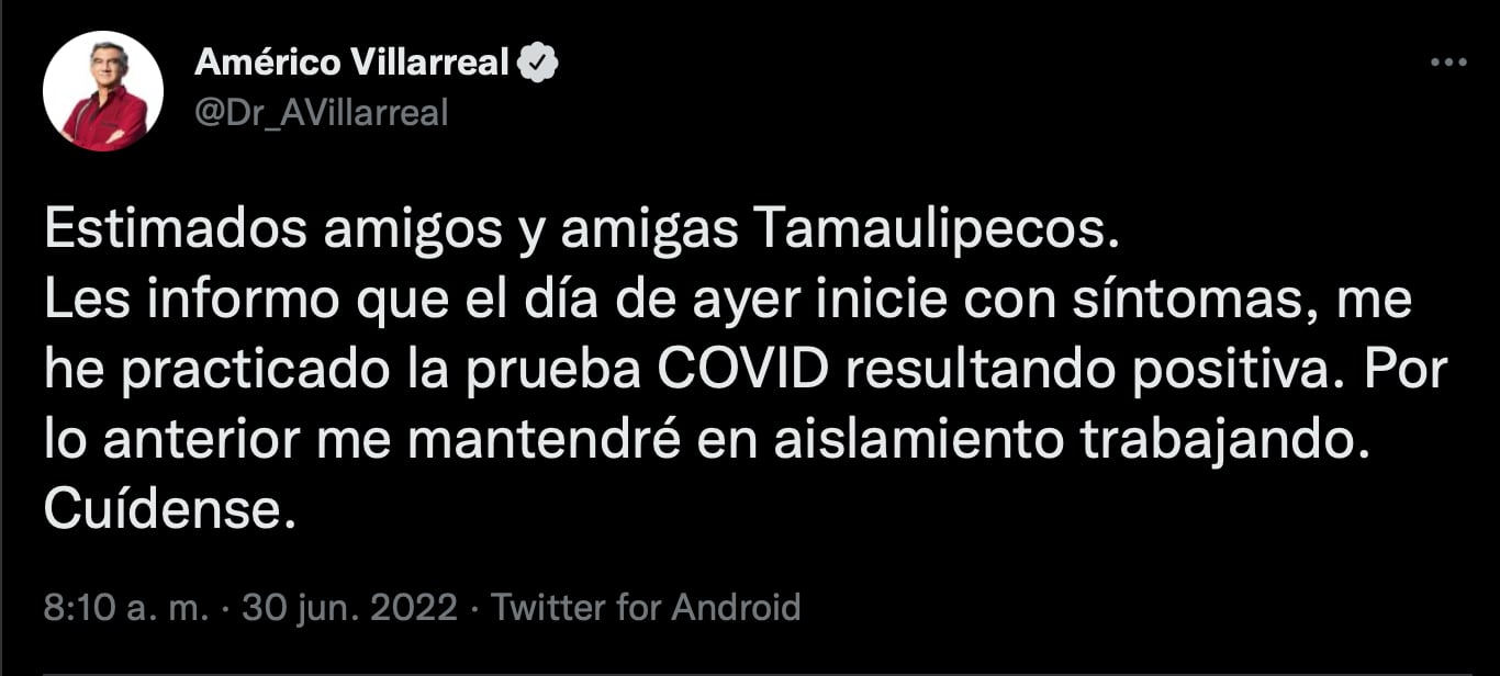 Américo Villarreal, gobernador electo de Tamaulipas, da positivo a Covid-19