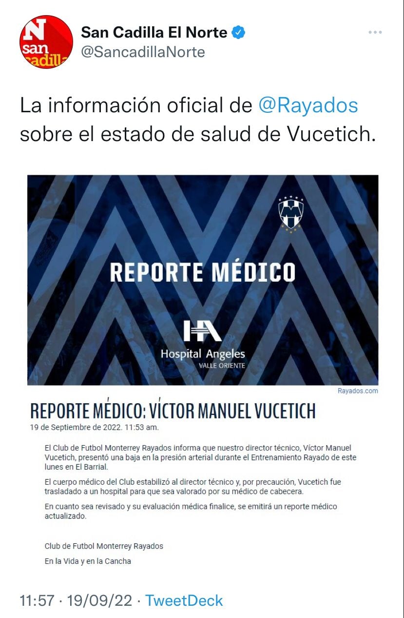 Comunicado de Rayados acerca de la salud de Víctor Manuel Vucetich.