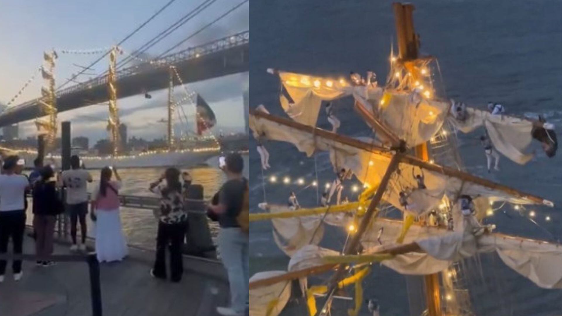 Video del Buque Escuela Cuauhtémoc con choque en puente de Brooklyn
