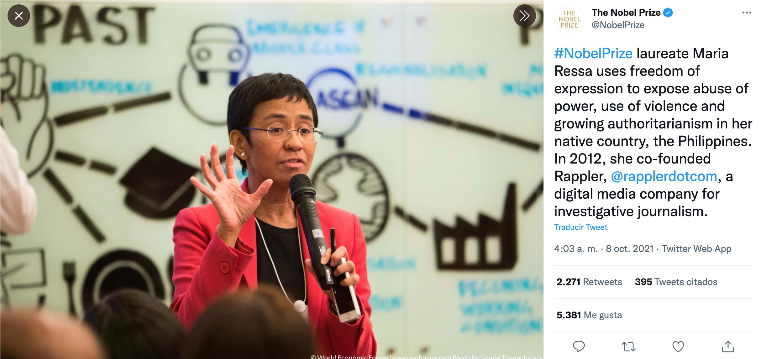 La periodista María Ressa, ganadora del Premio Nobel de la Paz 2021