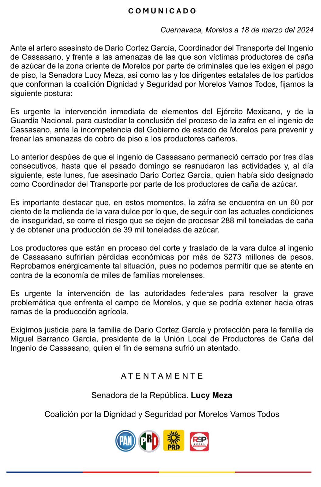 Lucy Meza urge intervención del ejército por casos de extorsión
