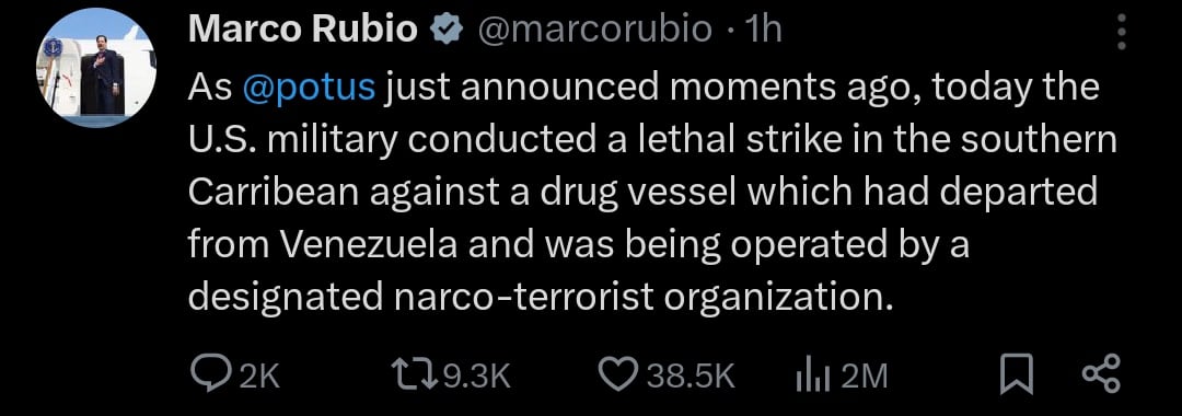 Marco Rubio confirma ataque a barco del narcotráfico de Venezuela