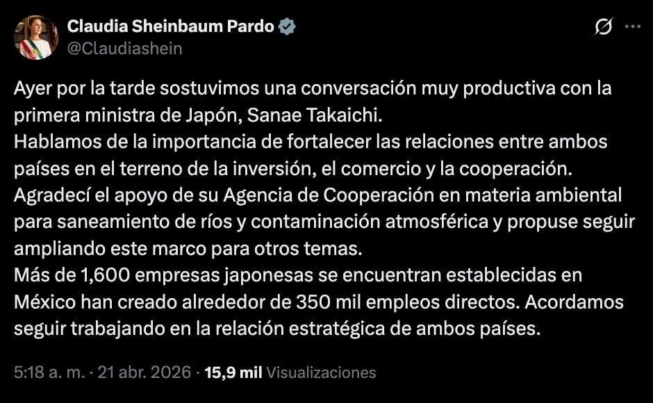 Claudia Sheinbaum acuerda fortalecer relación con Japón