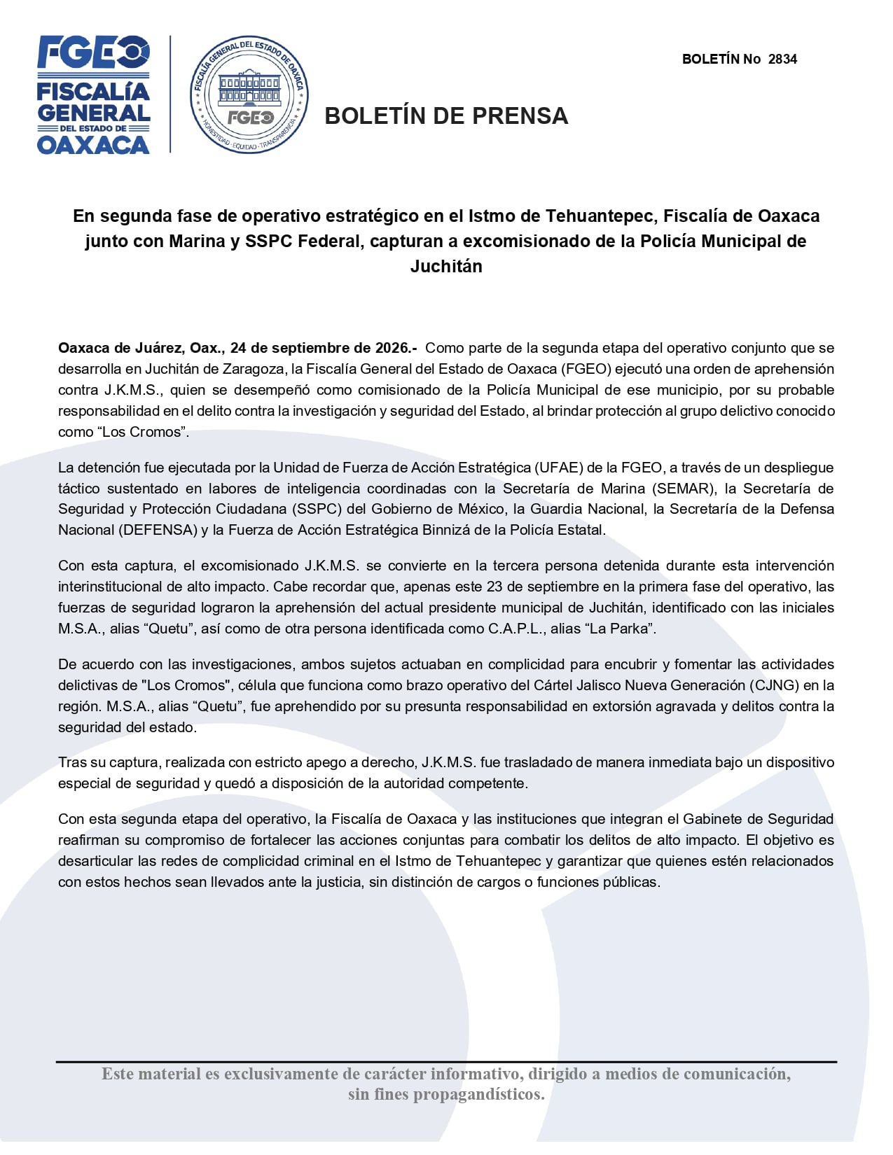 Detienen a excomisionado de la Policía Municipal de Juchitán; Fiscalía de Oaxaca confirma captura