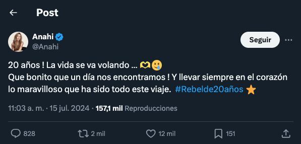 Anahí se une a la celebración por los 20 años de RBD