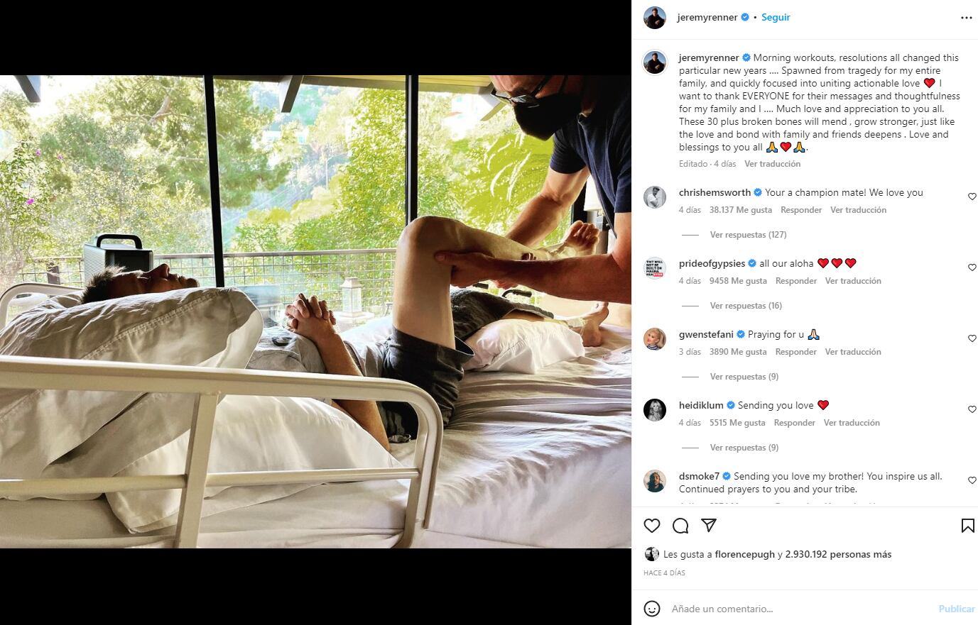 Jeremy Renner manda mensaje en Instagram