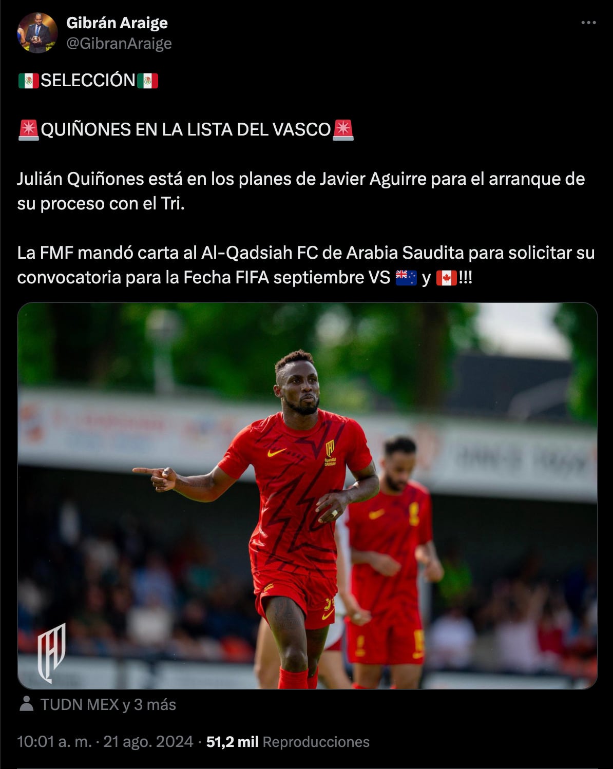 Julián Quiñones será convocado por Javier Aguirre.