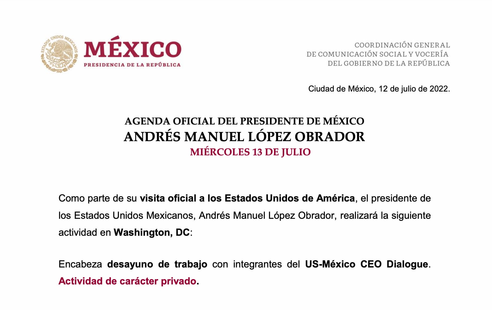 Agenda de AMLO de hoy, 13 de julio