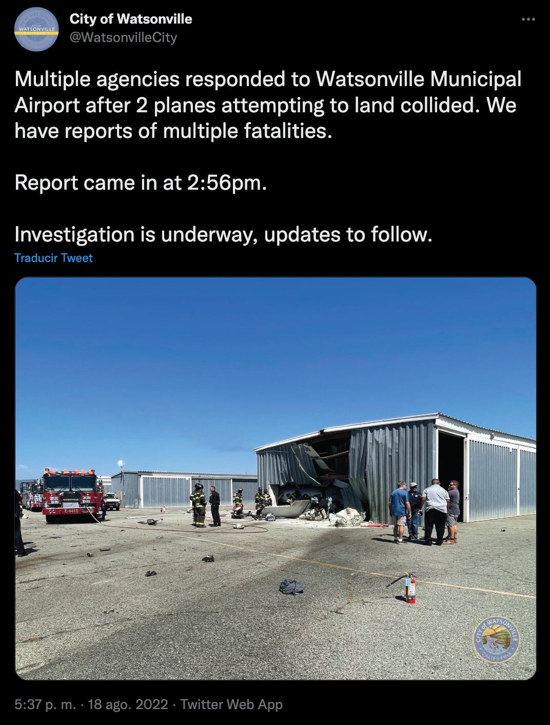 VIDEO: Chocan dos avionetas en aeropuerto de Watsonville en Estados Unidos; reportan varios muertos
