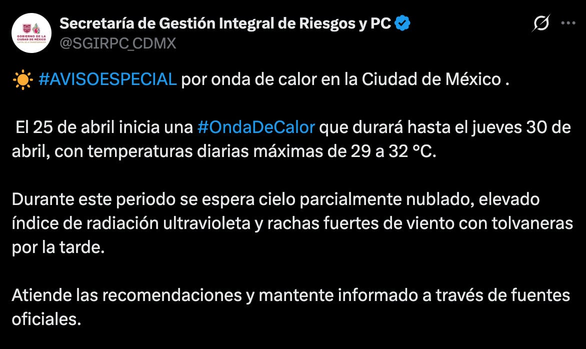 Ola de calor llegará a las CDMX el sábado 25 de abril