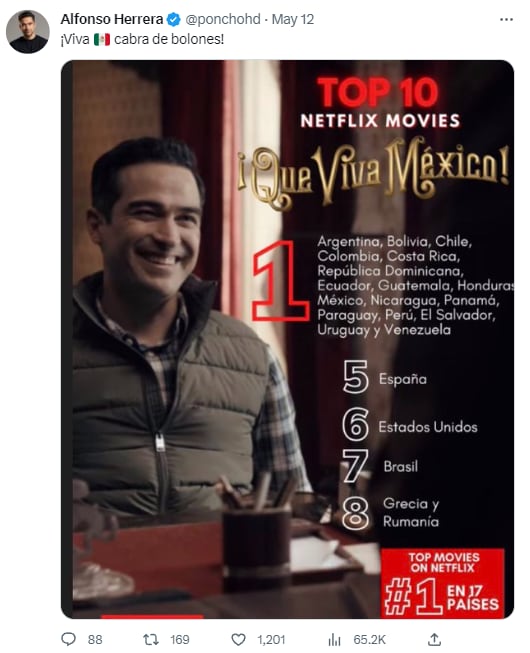Tuit de Alfonso Herrera festejando popularidad de ¡Que viva México! en Netflix