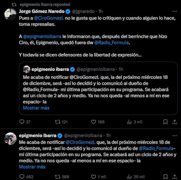 Epigemenio Ibarra señala a Ciro Gómez Leyva de sacarlo del programa de Radio Fórmula