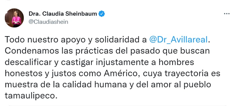 Claudia Sheinbaum se solidariza con Américo Villarreal y condena las “prácticas del pasado”