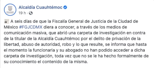 Breve comunicado sobre la situación de la alcaldesa Sandra Cuevas