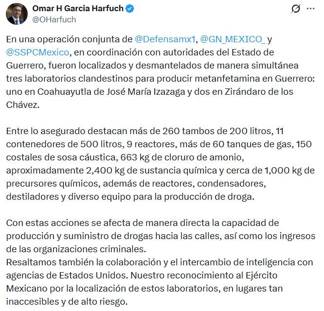Harfuch reporta desmantelamiento de 3 laboratorios de metanfetamina en Guerrero