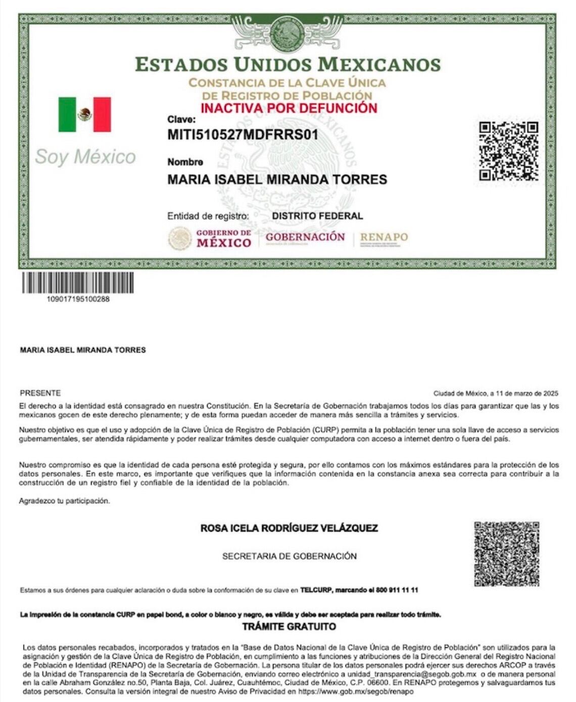 CURP de Isabel Miranda Torres