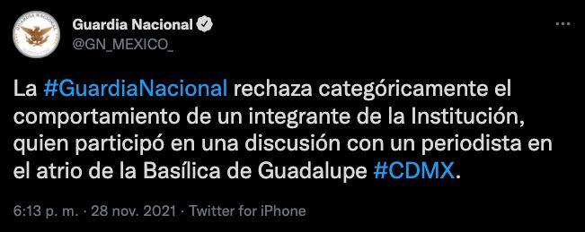 Guardia Nacional reprueba comportamiento de elemento que arrebató celular a reportero