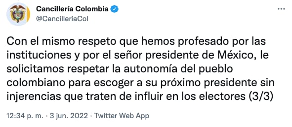 Cancillería de Colombia pide a AMLO no meterse en los asuntos del país