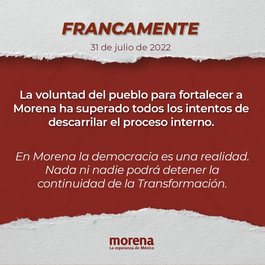 Morena señala que sus elecciones internas no podrán ser paradas @PartidoMorenaMx