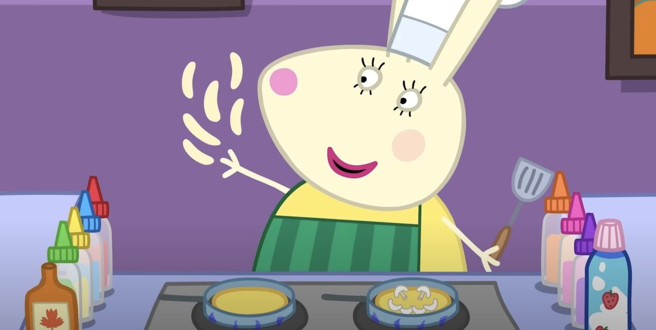 Peppa Pig y George cocinando panqueques de fantasía